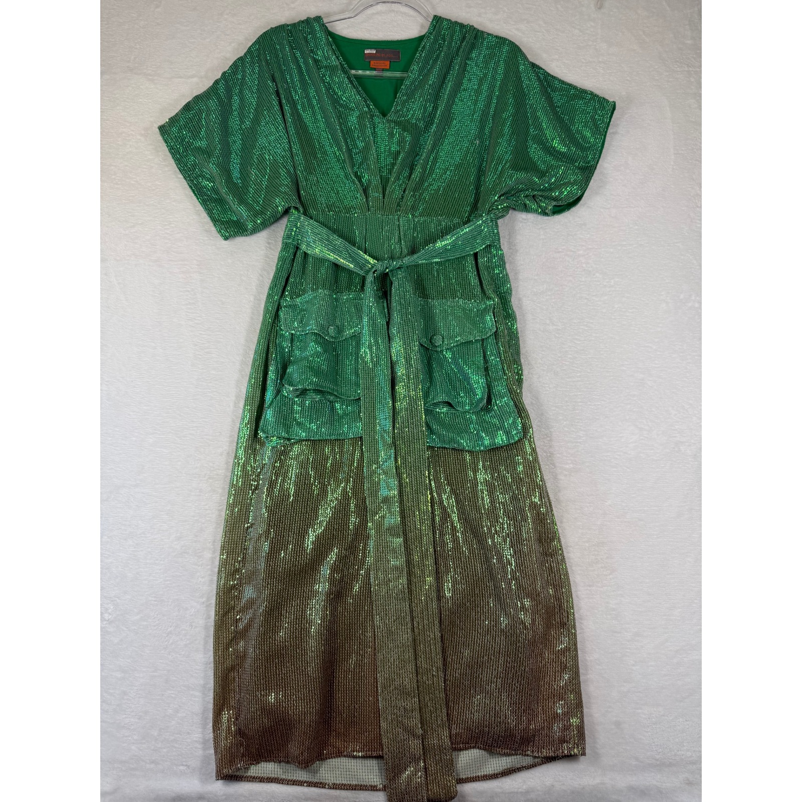 Bhanuni By Jyoti Green Ombre Sequin Utility Midi Dress Petite Xs Belted Pockets